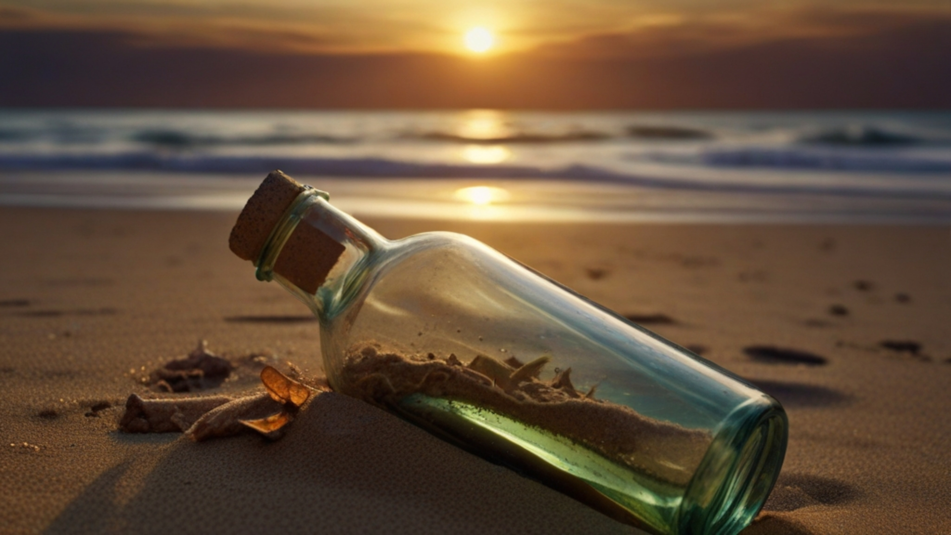 Una bottiglia vuota tra la sabbia dorata